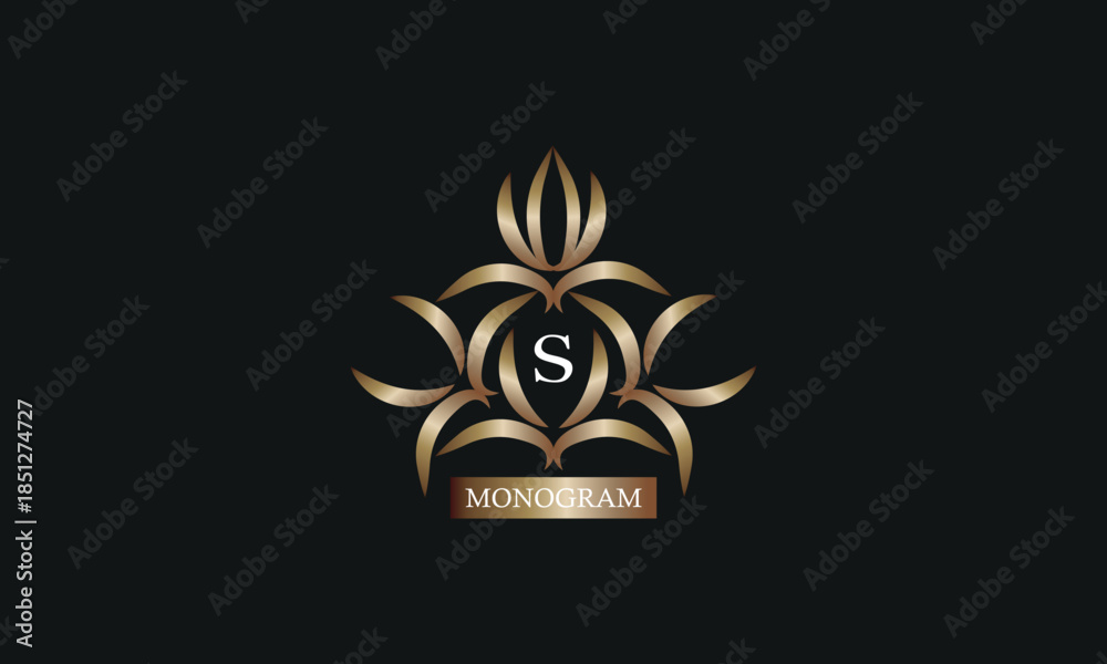 Obraz premium Monogram design template with letter S in the center and place for text. Elegant company branding, emblem, invitation, label, business sign.