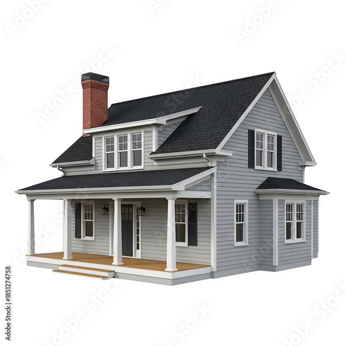 Traditional american farmhouse with gray siding and black roof, isolated on transparent background