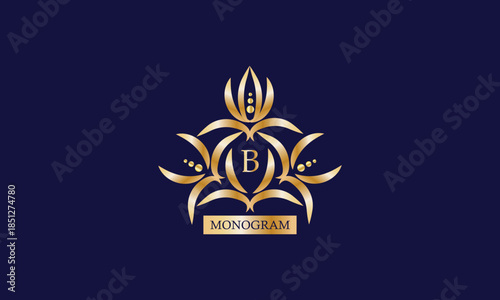Monogram design template with letter b in the center and place for text. Elegant company branding, emblem, invitation, label, business sign.