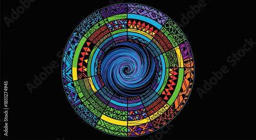 Vibrant spiral mandala with colorful geometric patterns on black background