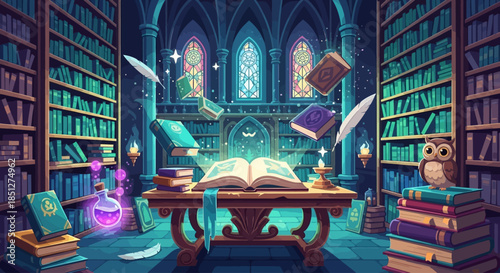 Magical library with floating books and mystical objects