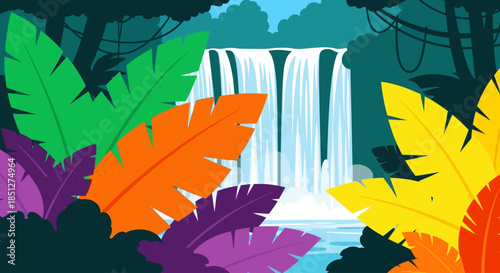 Vibrant tropical waterfall surrounded by colorful leaves in lush jungle
