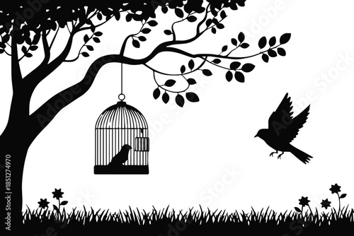 bird contrast between caged bird and flying bird symbol