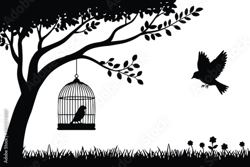 bird in cage and free bird silhouette under tree