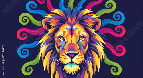 Vibrant lion head with colorful swirling patterns around it