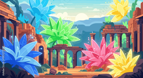 Vibrant ancient ruins with colorful flowers and columns in a fantasy landscape