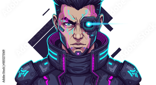 Cyberpunk man with futuristic neon technology and robotic eye