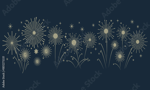 Festive fireworks display illustration on a dark blue background with stars