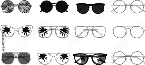 Sunglasses silhouettes set with modern, retro and fashion eyewear styles black vector illustration collection isolated on white background