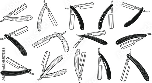 Straight razor silhouette set, vintage barber tools, grooming blade designs, black vector illustration, shaving equipment, handle styles, cut-throat razors