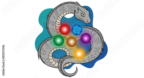 Majestic dragon encircles vibrant gemstones in mystical scene