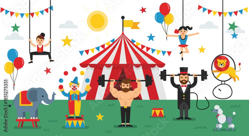 Vibrant circus scene with performers and animals in a fun setting