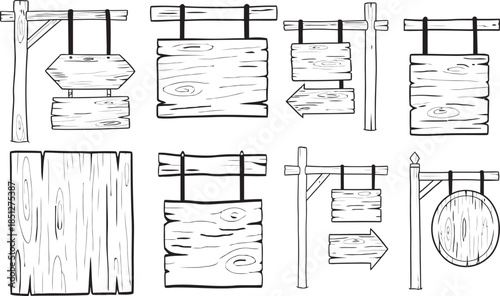 Diverse set of hand-drawn vector wooden signs, blank boards, and rustic signposts, ideal for custom text, messages, and directional graphics