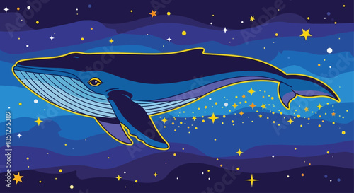 Majestic blue whale swimming through starry night ocean waters
