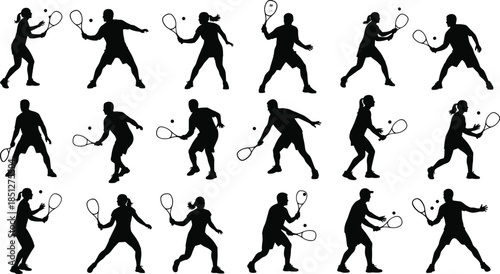 Tennis player silhouette vector set showing forehand, backhand and serve actions, professional racket sport athlete icons isolated on white background