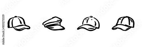 Baseball And Military Caps In Hand Drawn Style Set. Fashion Accessories, Headwear, Casual And Formal Hat Doodle Sketch Collection. Stylish Apparel Elements. Isolated Vector Illustration