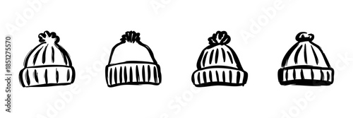 Winter Beanie Hats In Hand Drawn Style Set. Cozy Warmth, Fashionable Winter Accessories Doodle Sketch Collection. Seasonal Headwear Variety. Isolated Vector Illustration