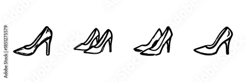 High Heels Shoe Collection In Hand Drawn Style Set. Fashionable Footwear, Elegant Style, Women'S Fashion Doodle Sketch Collection. Isolated Vector Illustration