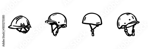 Construction And Safety Helmets In Hand Drawn Style Set. Protective Gear, Workplace Safety, Industrial Equipment Doodle Sketch Collection. Head Protection Essentials. Isolated Vector Illustration