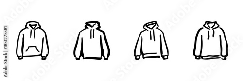 Hoodie Collection In Hand Drawn Style Set. Casual Fashion, Streetwear, Comfortable Clothing Doodle Sketch Collection. Apparel Design Elements. Isolated Vector Illustration