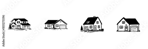 Four Residential House Designs In Hand Drawn Style Set. Architectural Variety, Home Styles, Real Estate Doodle Sketch Collection. Suburban Living Concepts. Isolated Vector Illustration