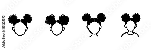 Afro Puffs Hairstyle Icons In Hand Drawn Style Set. Diverse Hair Designs, Natural Hair Representation Doodle Sketch Collection. Fashion And Beauty Illustration. Isolated Vector Illustration