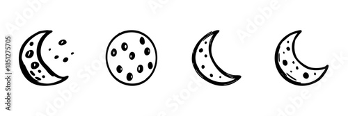 Moon Phases And Craters In Hand Drawn Style Set. Lunar Cycle, Astronomy, Celestial Bodies Doodle Sketch Collection. Space Exploration Theme. Isolated Vector Illustration