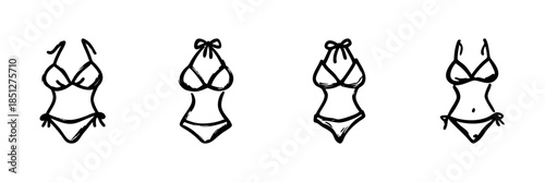 Bikini Outfits In Hand Drawn Style Set. Summer Fashion, Beachwear, Swimwear Design Doodle Sketch Collection. Stylish Apparel Illustration. Isolated Vector Illustration