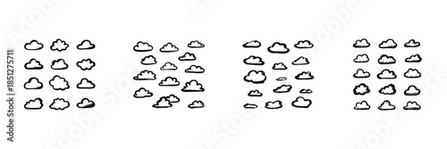 Cloud Icon Set In Hand Drawn Style. Weather, Sky, Atmospheric Conditions Doodle Sketch Collection. Diverse Cloud Shapes And Patterns. Isolated Vector Illustration