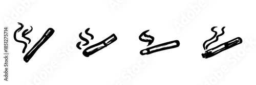 Smoking Cigarette Icons In Hand Drawn Style Set. Tobacco Consumption, Health Risks, Smoking Habit Doodle Sketch Collection. Addiction And Lifestyle. Isolated Vector Illustration