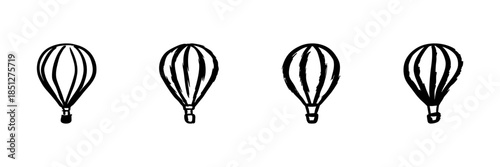 Hot Air Balloon Icons In Hand Drawn Style Set. Adventure, Travel, And Exploration Doodle Sketch Collection. Vintage Aviation Theme. Isolated Vector Illustration