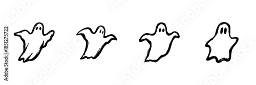 Ghost Icons In Hand Drawn Style Set. Halloween, Spooky, Supernatural Theme Doodle Sketch Collection. Playful And Whimsical Design. Isolated Vector Illustration