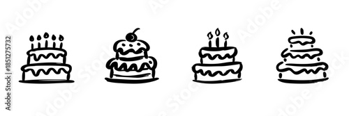Four Decorative Cakes In Hand Drawn Style Set. Celebration, Festivity, Birthday, And Party Theme Doodle Sketch Collection. Whimsical Dessert Illustrations. Isolated Vector Illustration