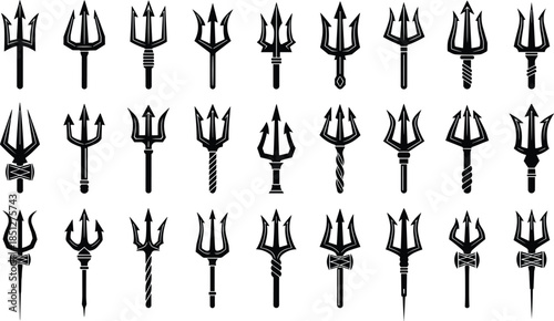 Trident weapon silhouette vector collection featuring mythological spears, Poseidon tridents, fantasy symbols icons isolated on white background