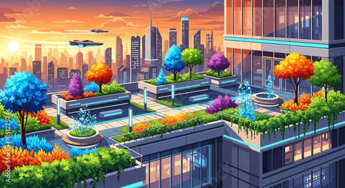 Futuristic rooftop garden oasis in a vibrant cityscape at sunset
