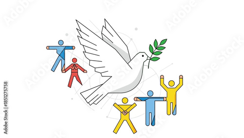 Illustration of a white dove of peace with an olive branch surrounded by diverse human figures, symbolizing global harmony and unity.
