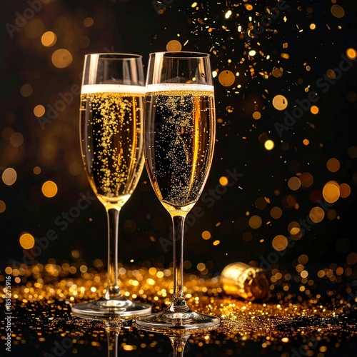 two glasses of champagne and fireworks