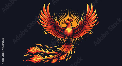 Majestic phoenix rising from flames with vibrant orange and yellow feathers