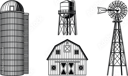Set of rural farm buildings, black vector illustration of silo, barn, windmill and water tower, agricultural structure collection isolated on white background