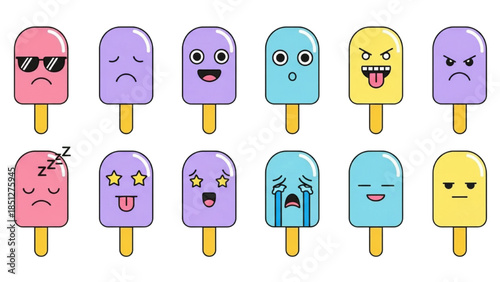 Cute cartoon ice cream popsicle emojis set. Vector illustration of funny summer dessert characters with different facial expressions, isolated on white background.