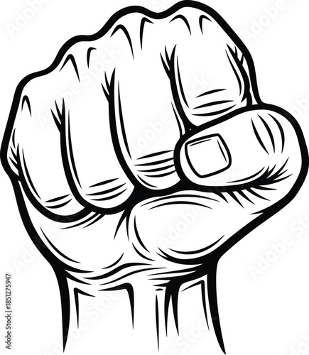 Clenched fist hand gesture black and white illustration