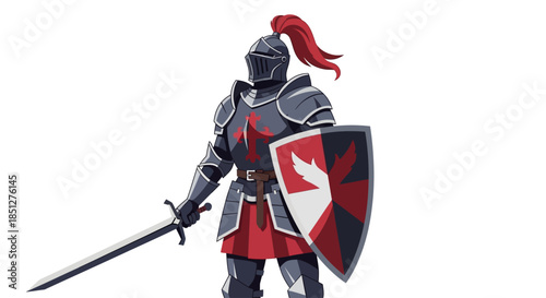 Medieval knight in armor holding sword and shield with red and white emblem