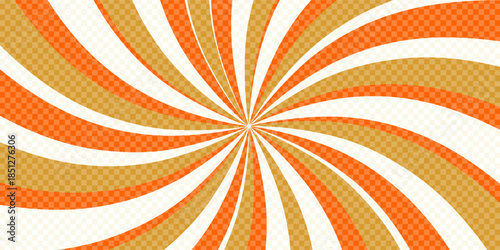 Swirling radial ice cream background. Orange groovy vortex spiral twirl. Twirl sunburst psychedelic pattern. Orange lollipop texture. Swirl candy background. Vector illustration.