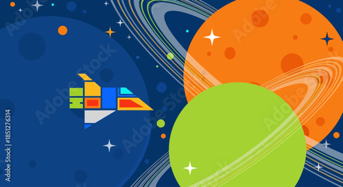 Vibrant spaceship soaring through colorful galaxy with planets and stars