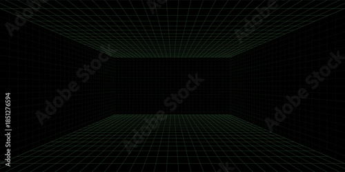 3d wireframe grid room. 3d perspective laser grid 16 9.. Cyberspace blue background with white mesh. Futuristic digital hallway space in virtual reality. Vector illustration.