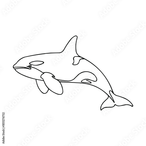 Simple black and white line drawing of an orca or killer whale swimming