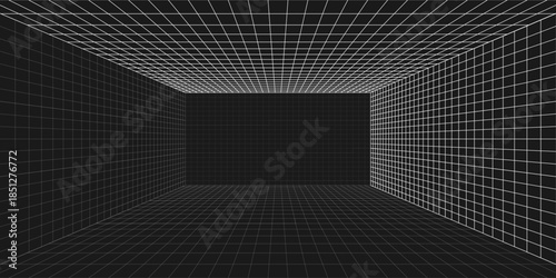 Room projection grid in futuristic 3d style. Outline futuristic grid background, room projection. Wireframe grid template in perspective view