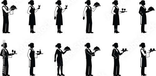 Waiter and waitress silhouettes collection, restaurant service staff poses, hospitality catering workers icons, black server illustrations isolated on white background