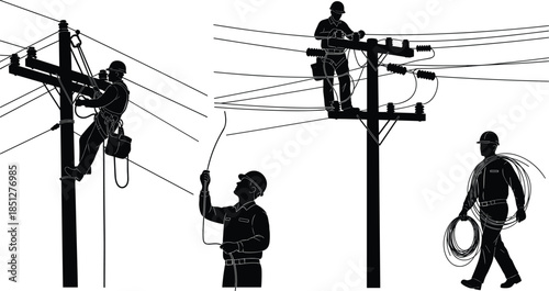 Set of silhouettes of linemen working on electric poles, electrician carrying wire coil, repairing power lines, vector illustration isolated on white background