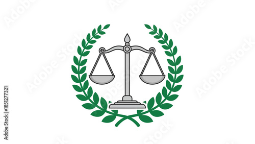 Symbol of justice with scales and laurel wreath, representing law and fairness.